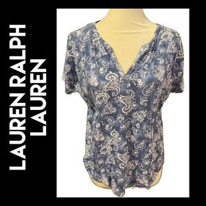 Lauren Ralph Lauren Women's Paisley V Neck Short Sleeve Top Blue Size Medium